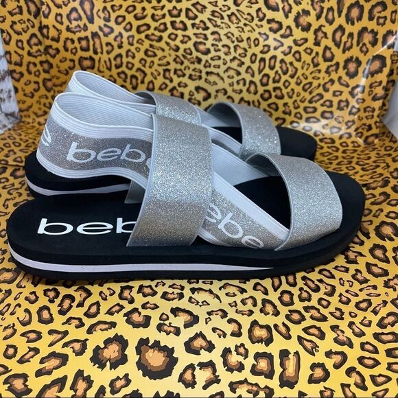 Bebe Atena Silver Giltter Stretch Sandals NWT Sz9 - Picture 13 of 16
